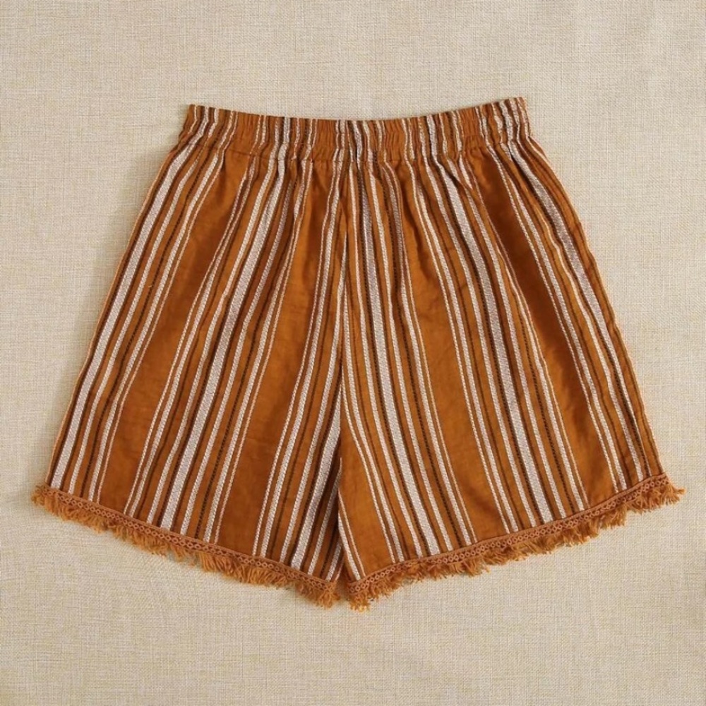Fringe Lace Hem Striped Shorts